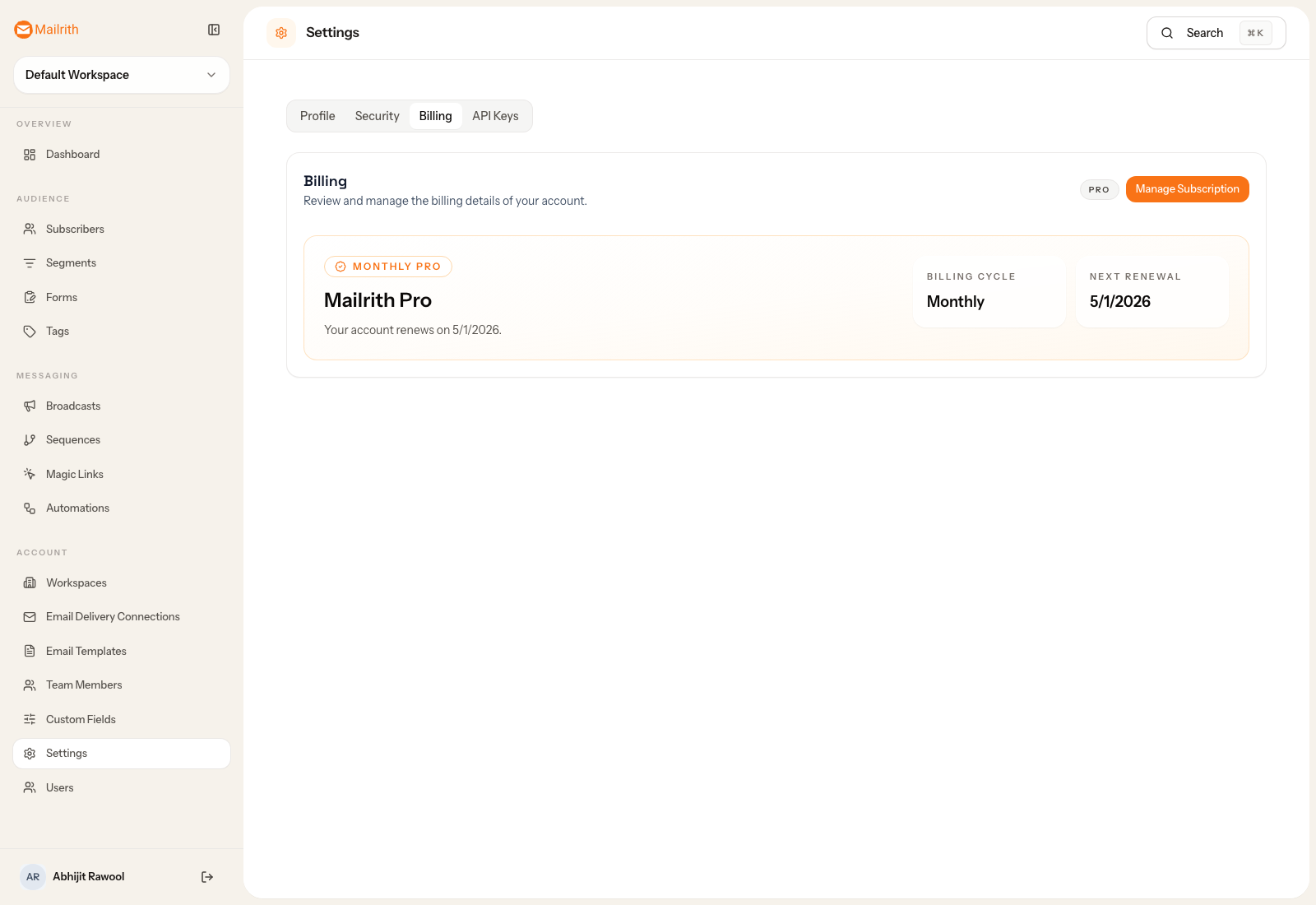 Mailrith account settings page open to the Billing tab showing plan details.