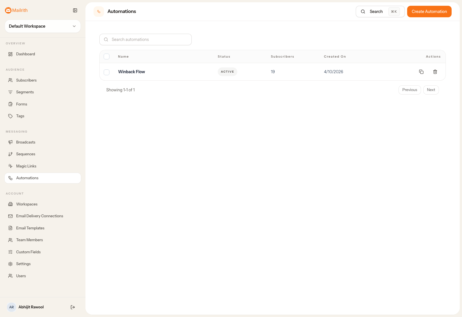 Mailrith automation canvas showing a multi-step flow with trigger, wait, condition, and action nodes.