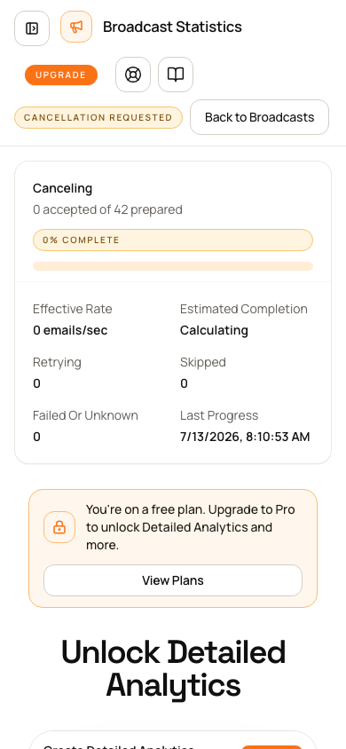 Broadcast Statistics showing Cancellation Requested and canceling progress after the user confirms Cancel Broadcast