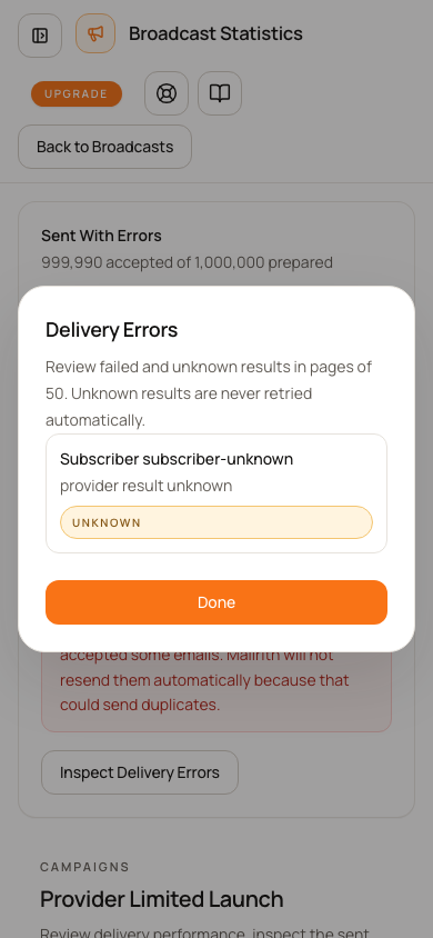 Delivery Errors dialog showing an unknown Subscriber delivery after a Broadcast completes with errors