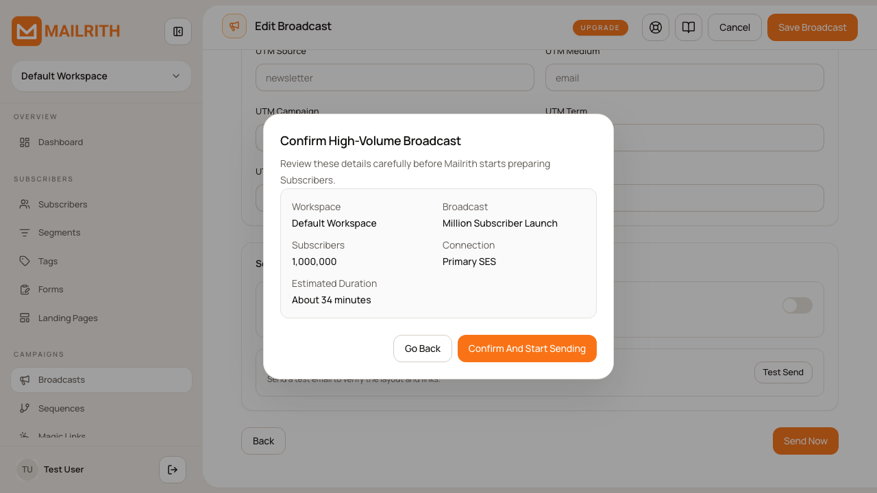 Confirm High-Volume Broadcast dialog showing the workspace, subject, one million Subscribers, delivery connection, and estimated duration