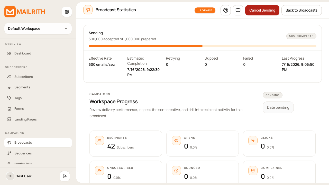 Broadcast Statistics showing an active high-volume send with prepared, accepted, retrying, percentage, rate, and estimated completion details