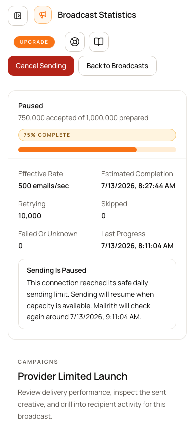 Broadcast Statistics progress panel showing Sending Is Paused because the connection reached its safe daily sending limit