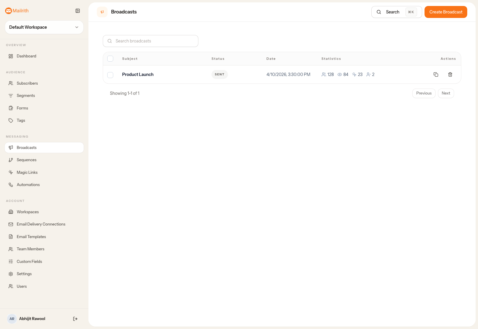 Mailrith broadcasts page showing a list of draft and sent campaigns.