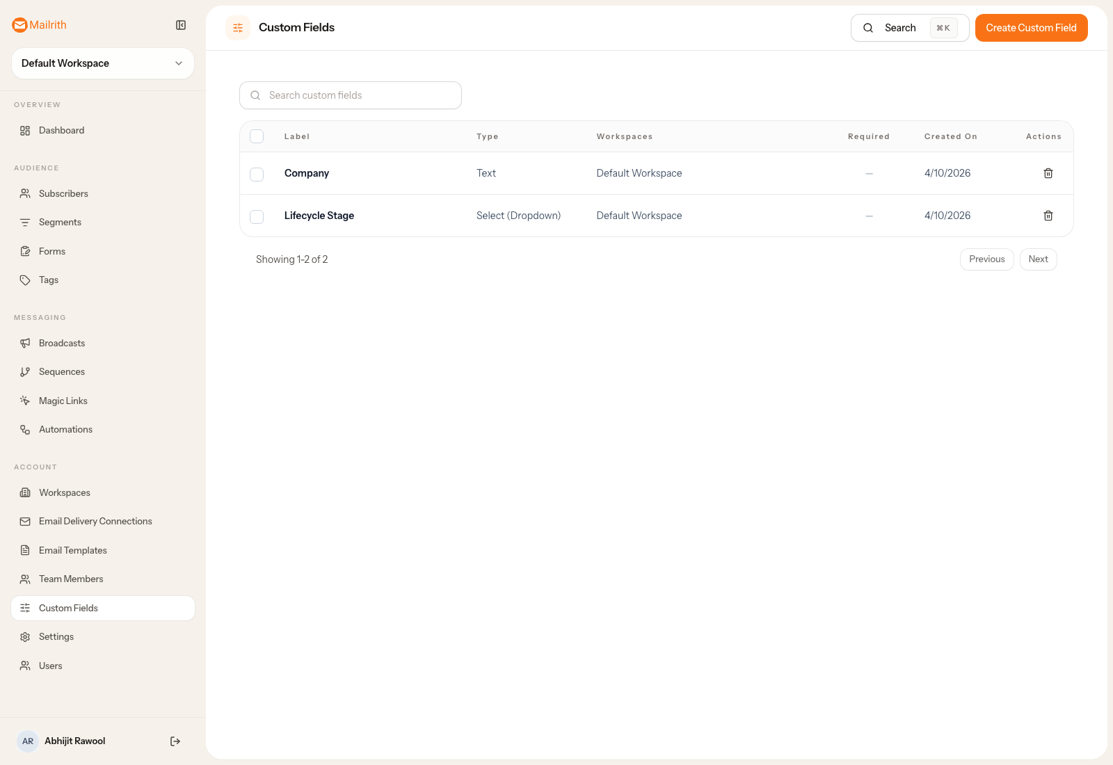 Mailrith custom fields page listing field names, types, and workspace assignments.