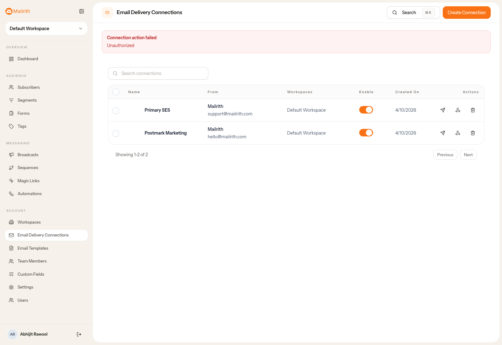 Mailrith email delivery connections page showing connected providers with action controls.