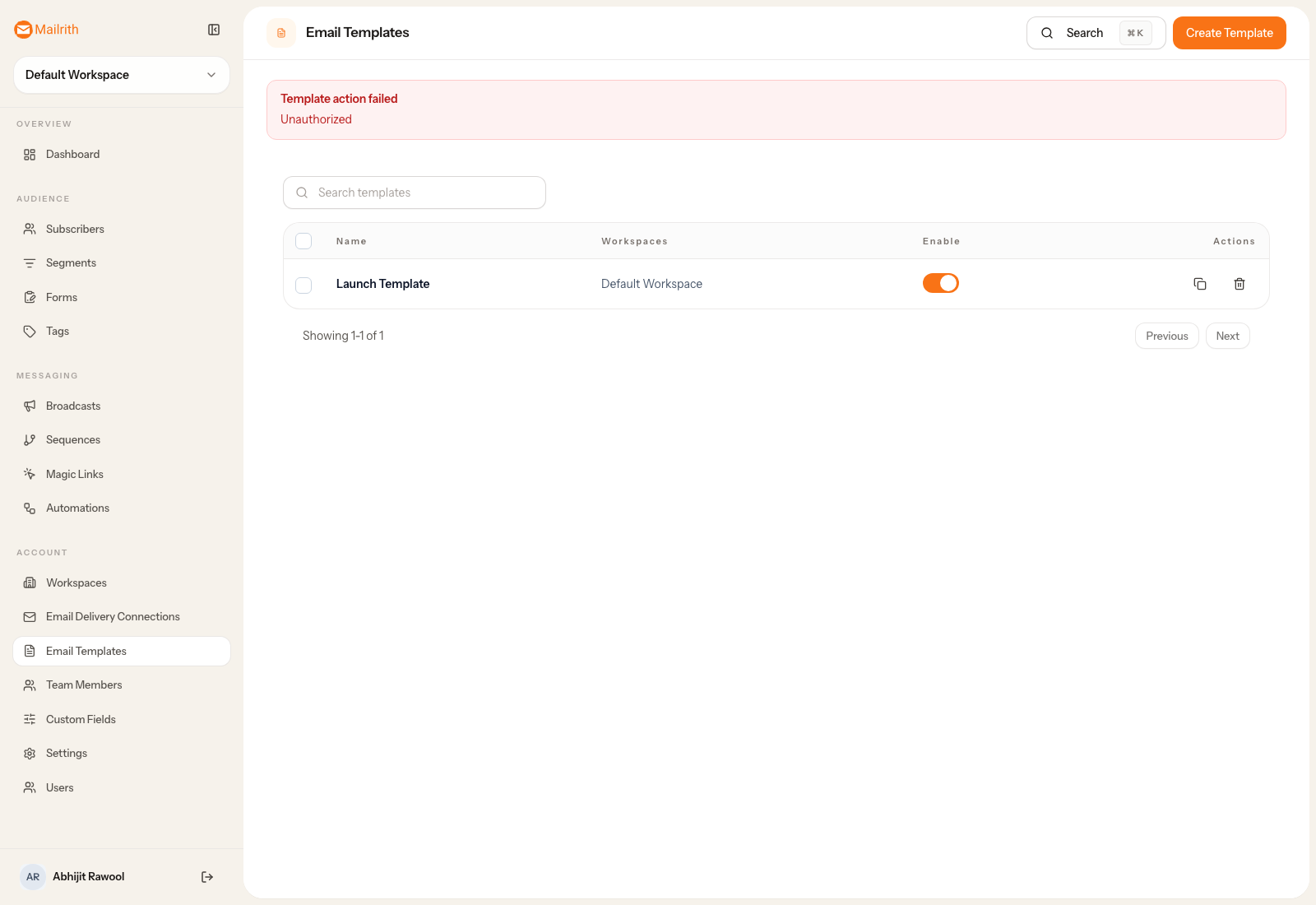 Mailrith email templates page showing reusable template cards in a grid.