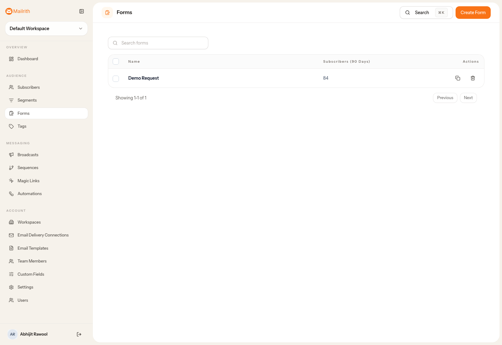 Mailrith forms page showing the forms list and form builder interface.
