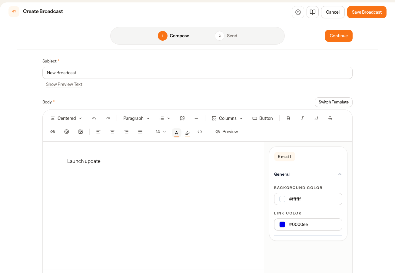 Mailrith create broadcast page showing an email draft with a Product Update template applied.