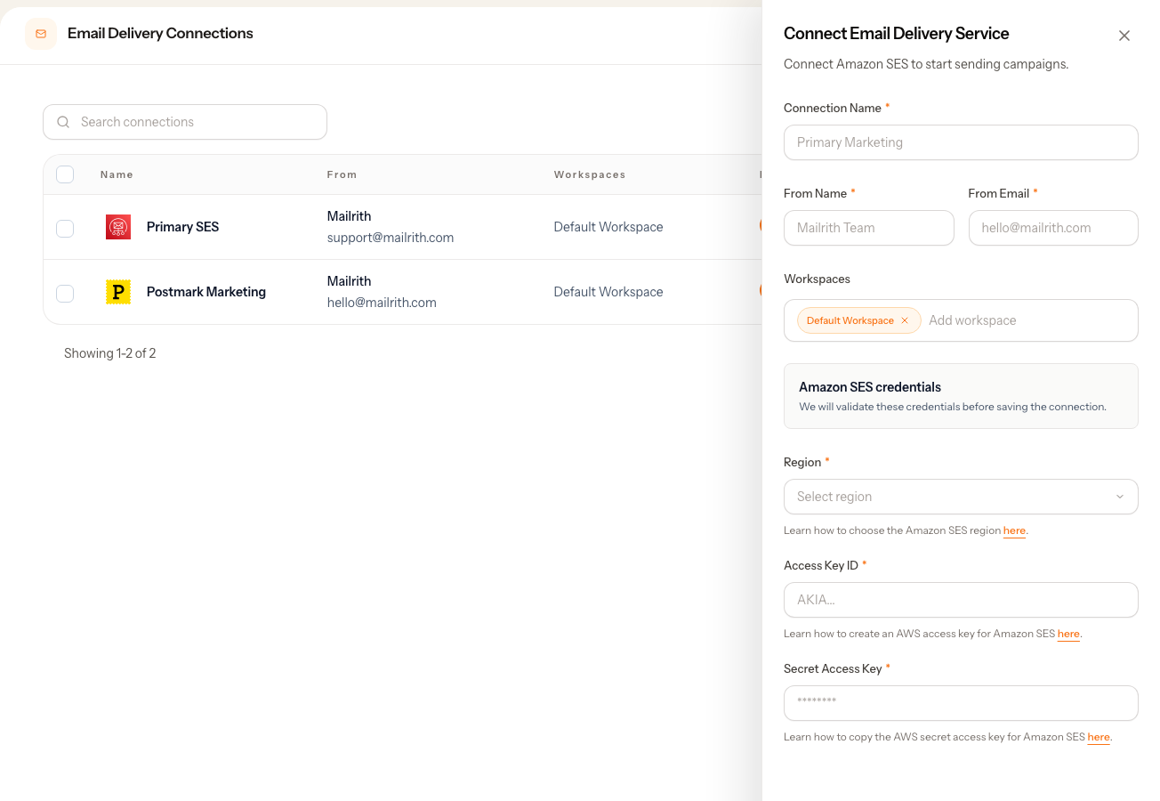 Mailrith create email delivery connection page showing service choices and connection settings.