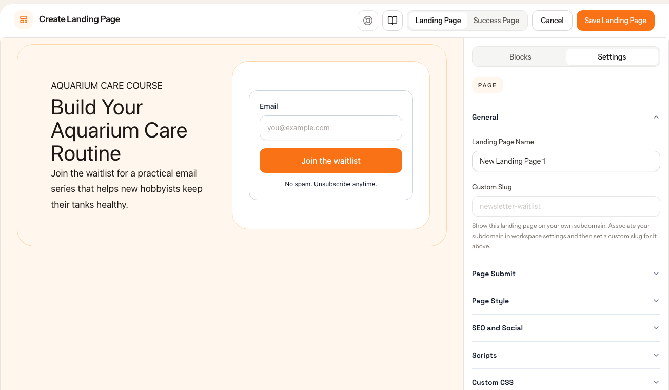 Mailrith create landing page screen showing a Launch Waitlist template applied to the page builder.