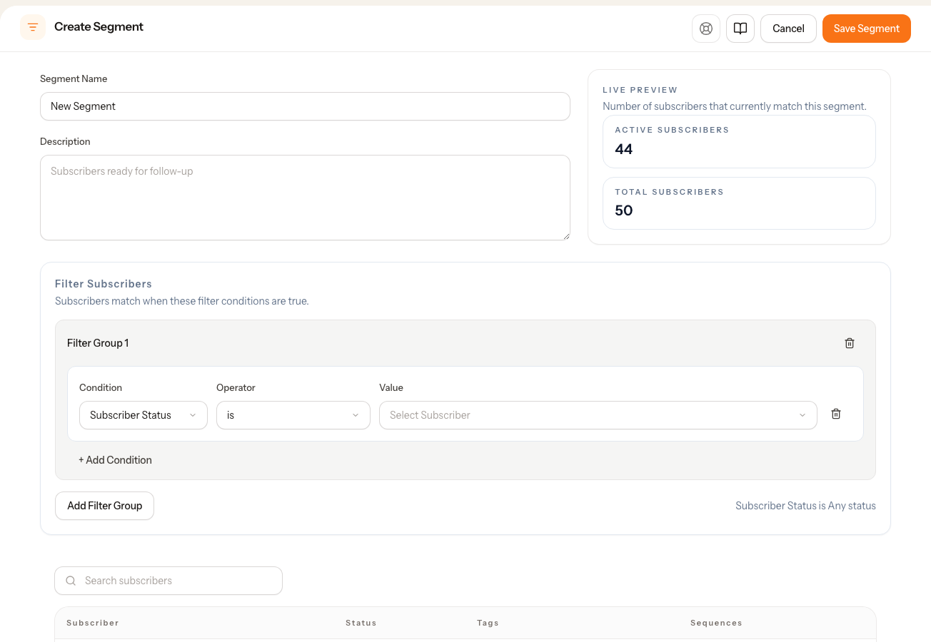 Mailrith create segment page showing segment rules and a subscriber preview.