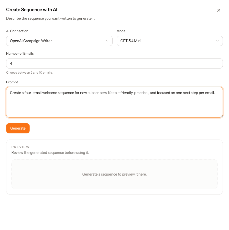 Mailrith Create Sequence with AI drawer showing AI connection, model, email count, prompt, and preview controls.