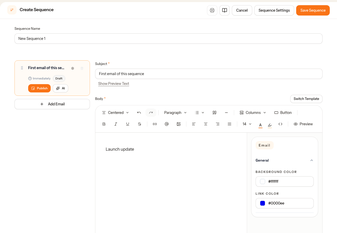 Mailrith create sequence screen for building product follow-up email.