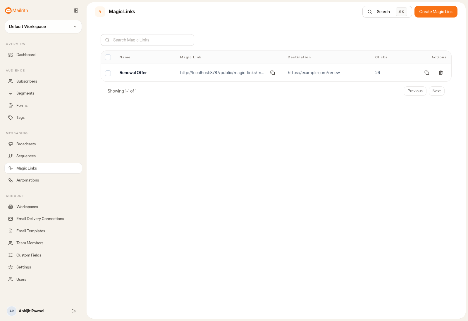 Mailrith magic links page listing created links with their configured actions and click counts.