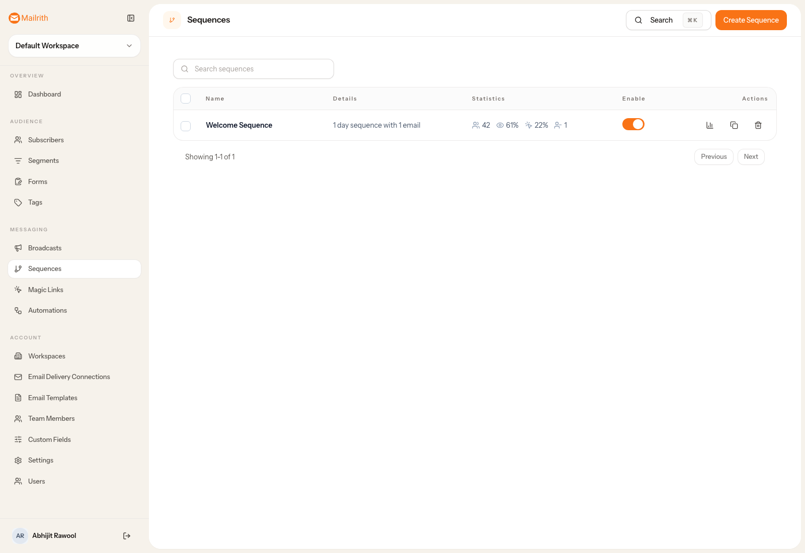Mailrith sequences page showing the sequence list and email steps within a sequence.