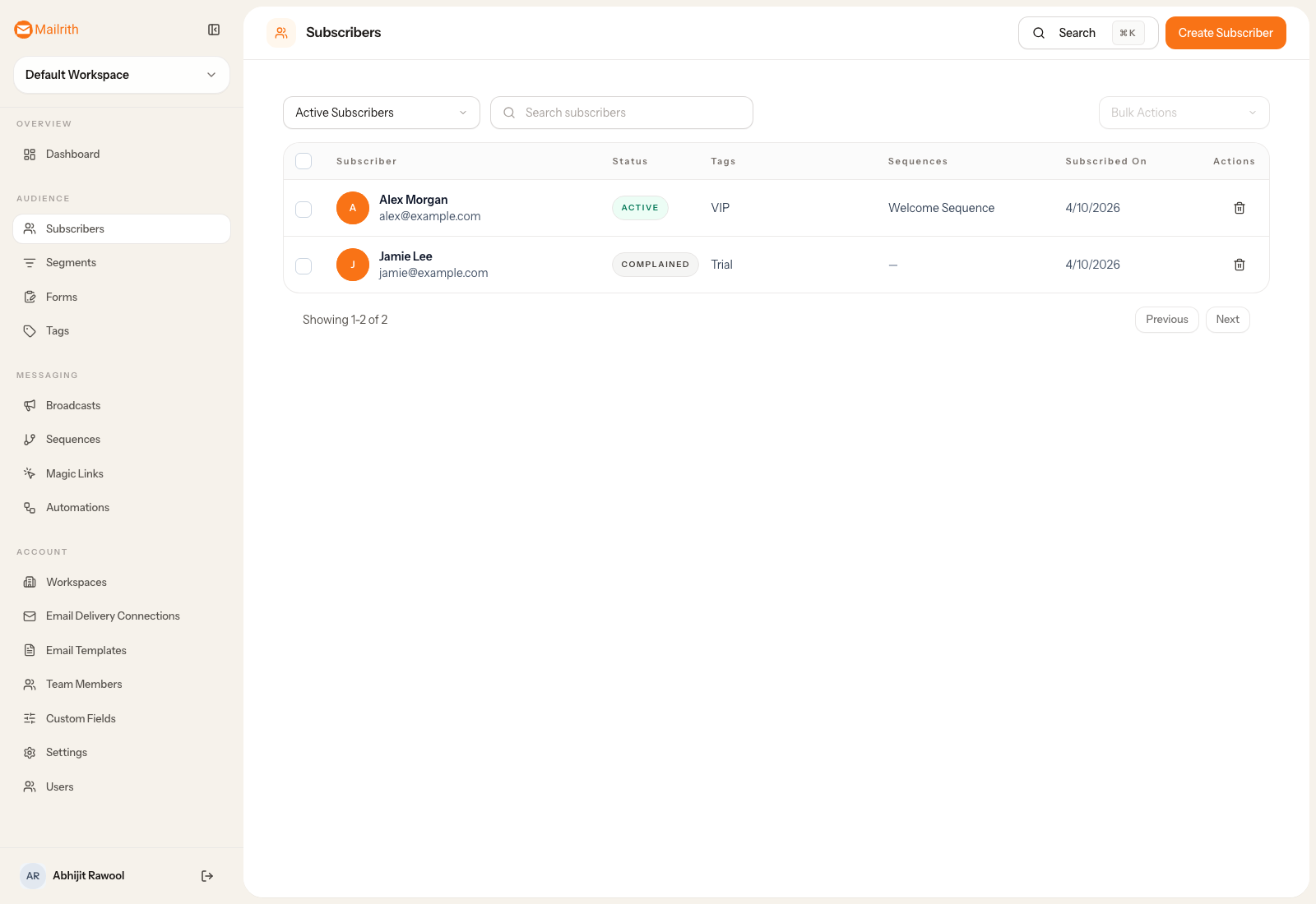Mailrith subscribers page showing the subscriber table with search and filter controls.