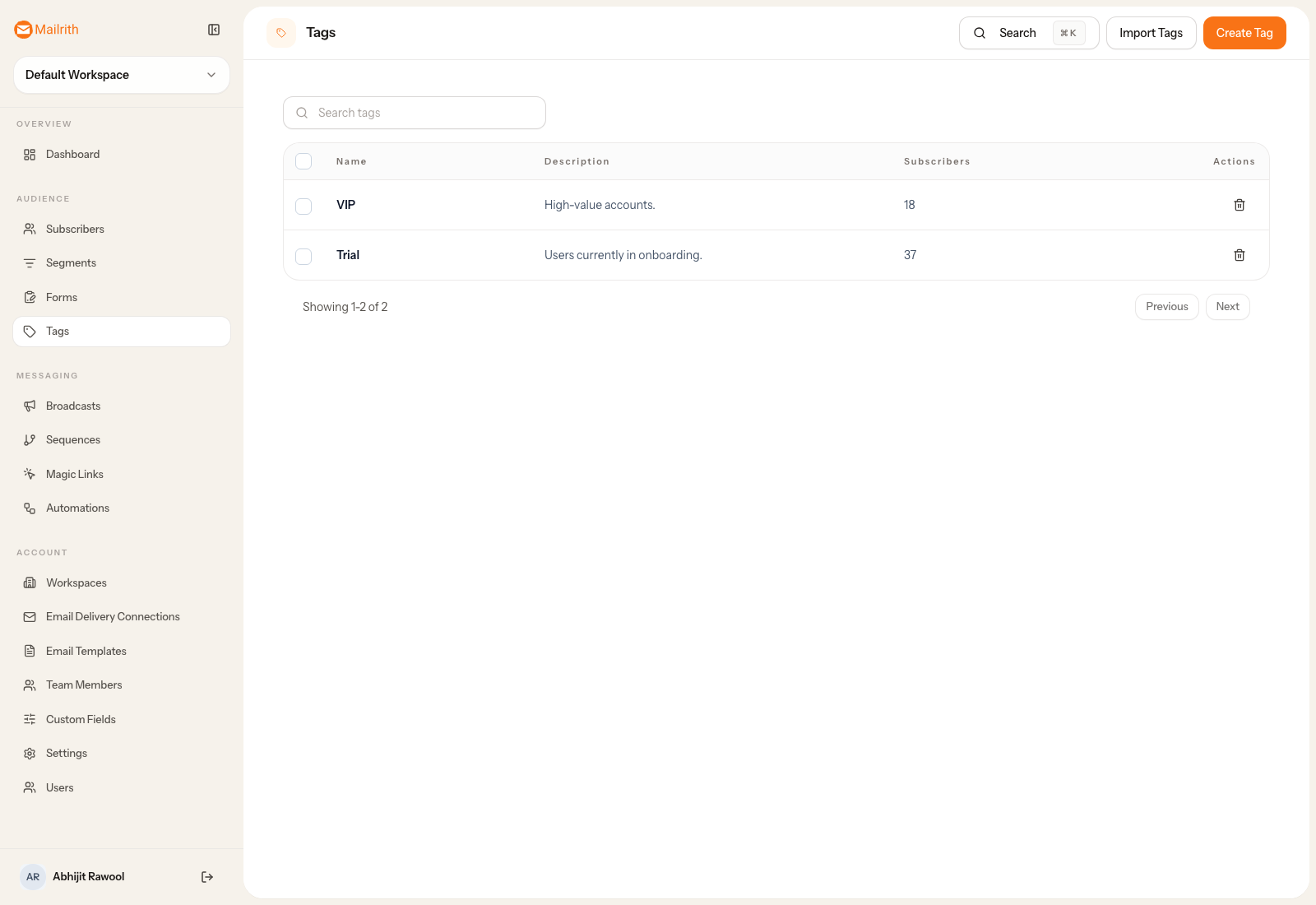 Mailrith tags directory showing tag names and subscriber counts.