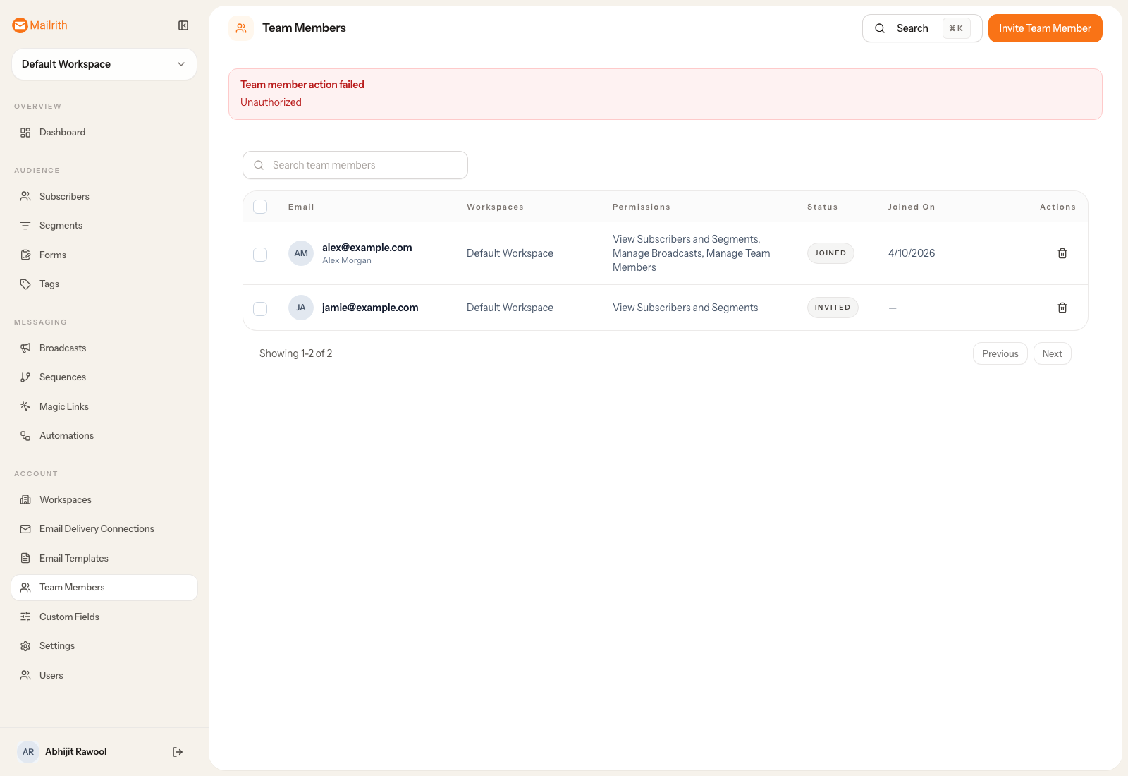 Mailrith team members page listing active and invited teammates with workspace assignments.