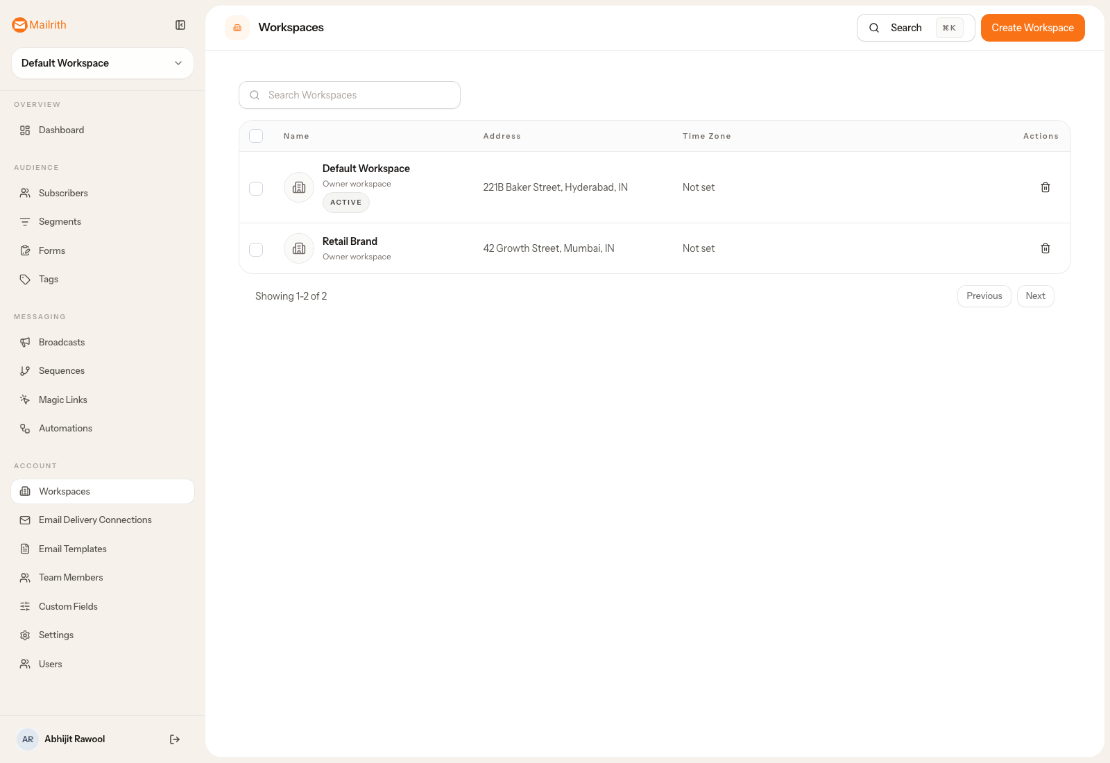Mailrith workspaces directory listing multiple workspace cards.